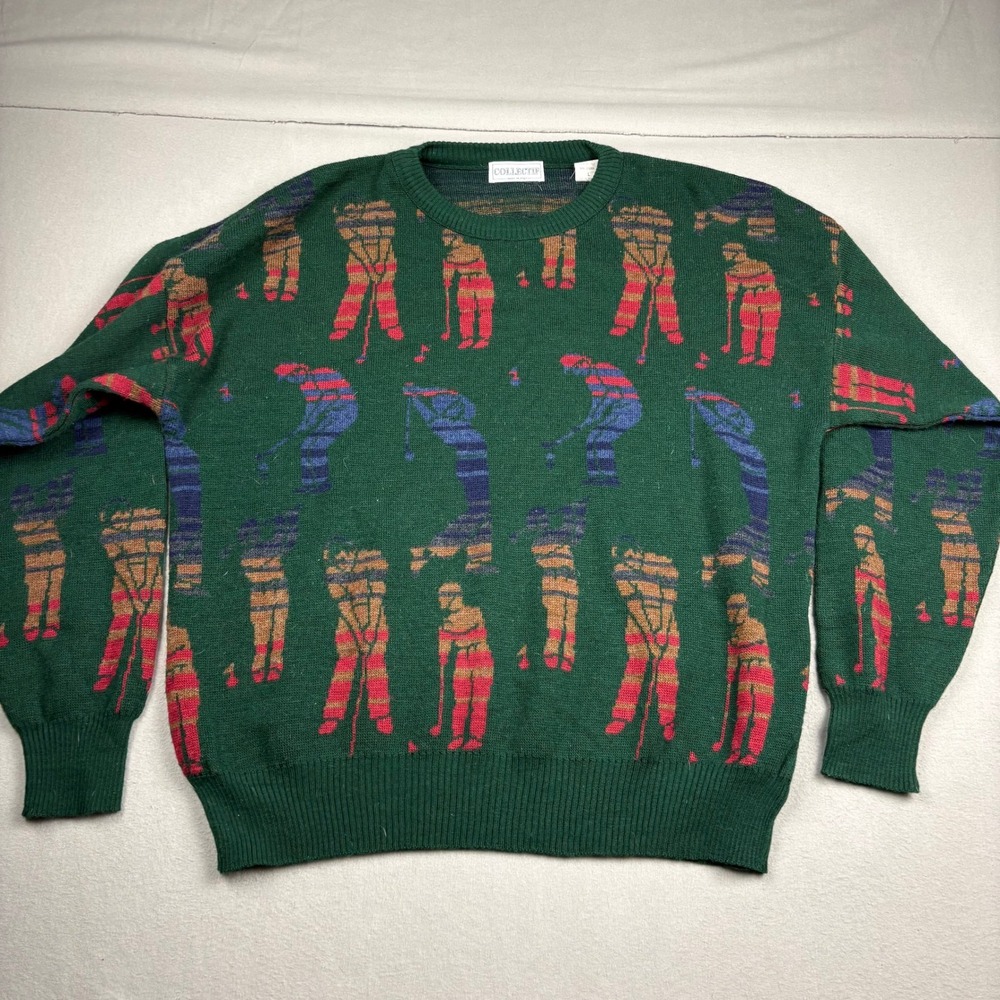 Vintage 80s Collectif Golf Sweater Mens Large Green Wool Blend Made in Italy